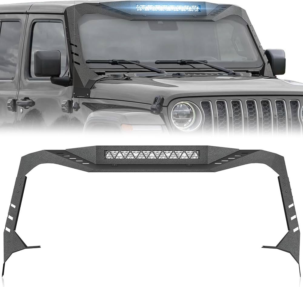 JT JL Madmax Windshield Frame Cover for Roof, Sun Visor, Armor with LED Light Bar, Compatible with Jeep Gladiator JT and Wrangler JL JLU 2018-2025 (Ex