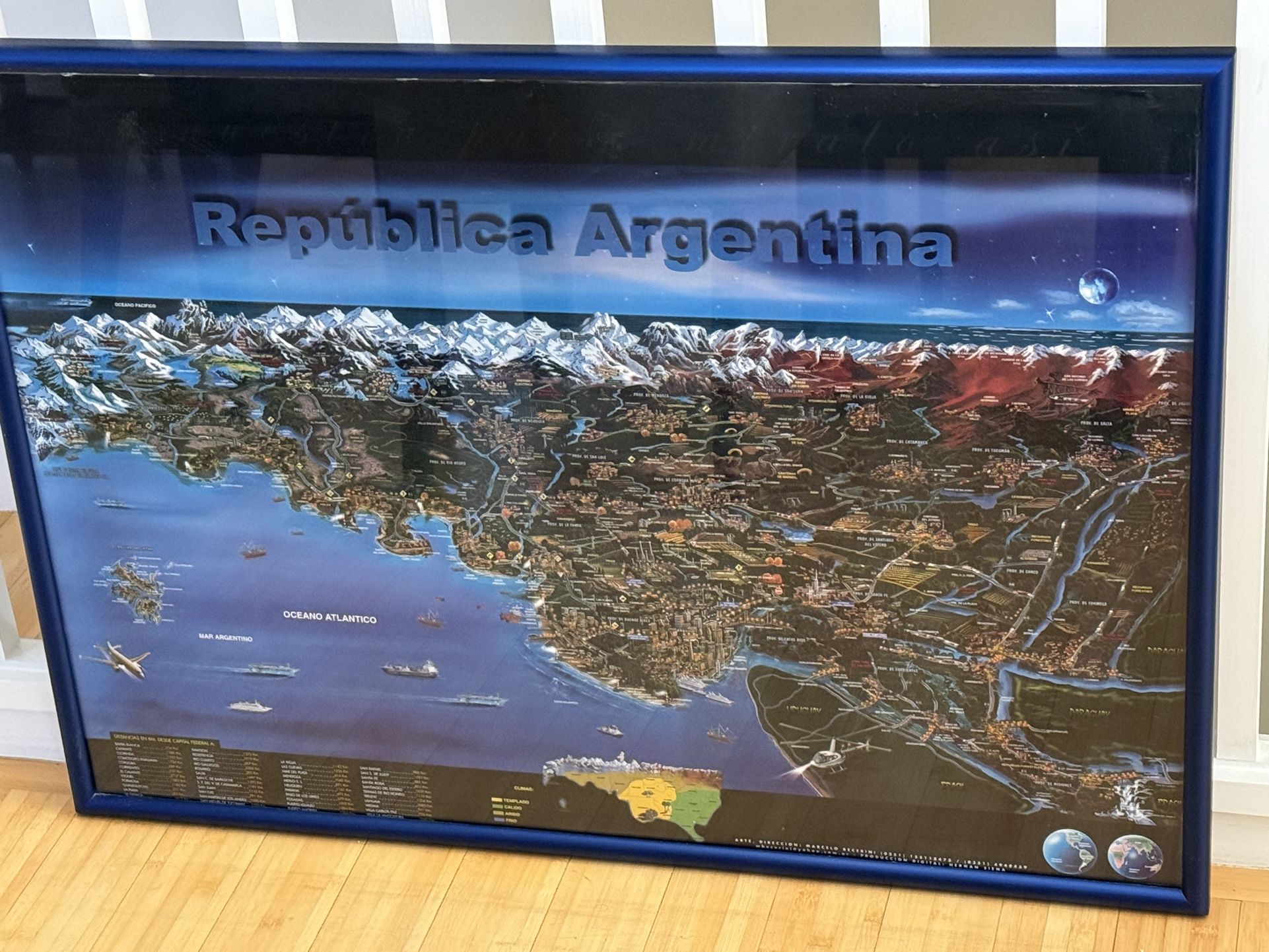Poster Of Argentina Map With Illustration Of Cities. Blue Frame.