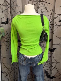 Vintage Neon Green Boat Neck Long Sleeve Top