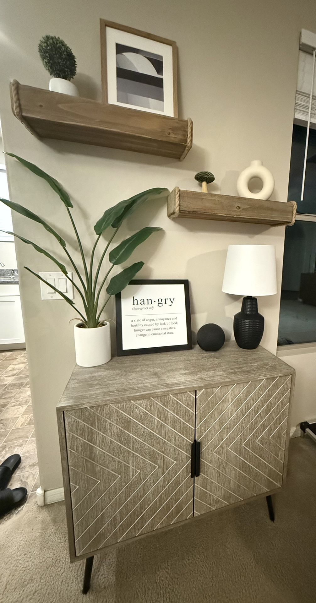 Modern Chevron Sideboard + Rustic Floating Shelves & Decor Set
