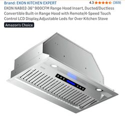 EKON NAB02-36" 900CFM Range Hood Insert, Ducted/Ductless Convertible Built-in Range Hood with Remote/4-Speed Touch Control LCD Display,Adjustable Leds