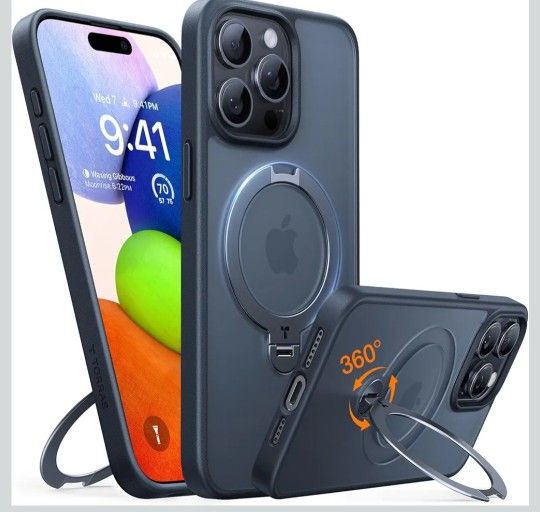 TORRAS Upgraded 360 Spin Magnetic Stand for iPhone 15 Pro Case, Fit for MagSafe, Built-in Kickstand & Ring Holder, Mil-Grade Protective Soft Edge Tran