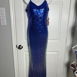 Blue Full Length Mermaid Sequined Prom Dress