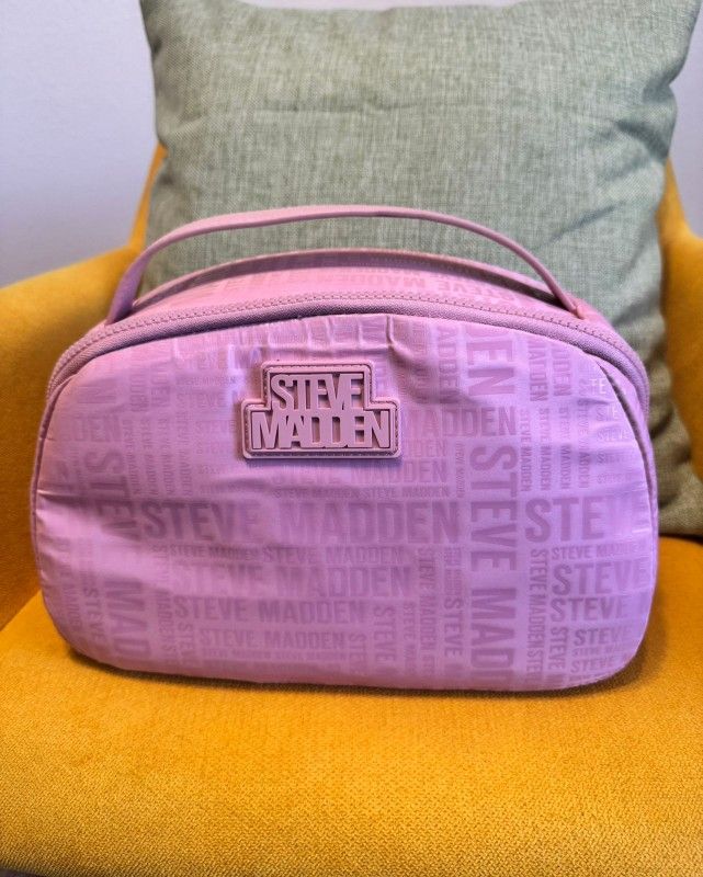 Steve Madden Pink Cosmetic Bag with Tonal Text Pattern