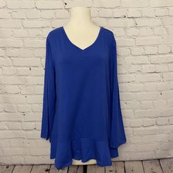 Isaac Mizrahi Bracelet Sleeve V Neck Knit Top w/ Ruffle Hem Ink Blue Size M New