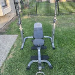 Weider Squat Rack / Bench Press With 2 Weights Storage Pegs Pegs, Curls Bar Handle And Leg Developer With 300 Lb Weight Set $250 If Purchased Together