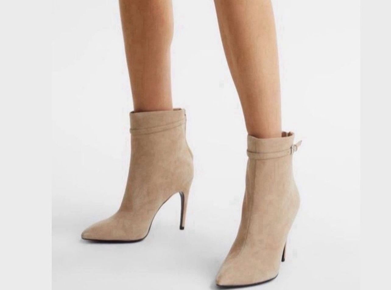 Reiss Women's Ashton Suede Heeled Ankle Boots Biscuit Size 12
