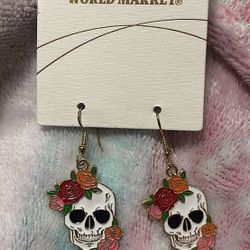 Skull with Roses Dangle Earrings