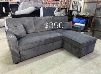 Beautiful 2-Pc Gray Corduroy Sectional Sofa With Storage, Pullout Bed, And USB Port