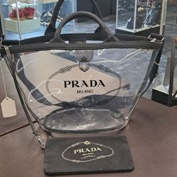 PRADA Plex Canapa 2Way Tote Shoulder Bag Clear x Black Vinyl Canvas (H)