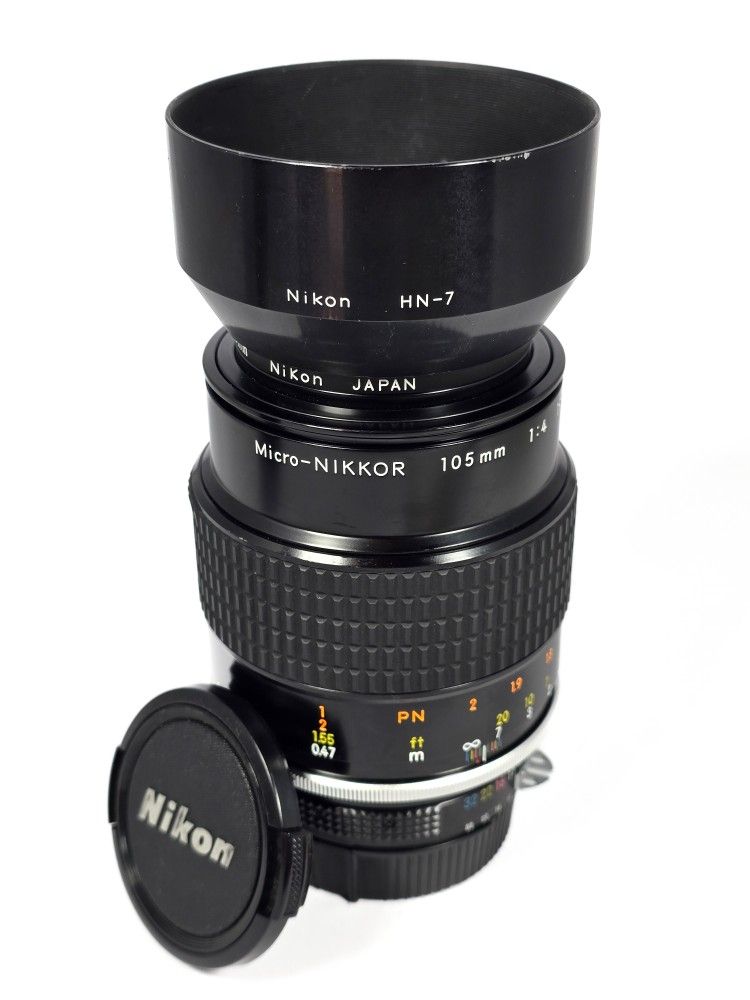 MINT Nikon Micro NIKKOR 105mm f/4 EX AI-S Lens w/ Caps, Filter & Nikon HN-7 Hood