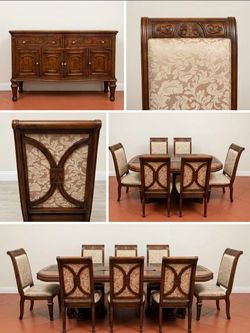 Elegant Solid Wood Dining Room Set (Table + 8 Chairs + Matching Buffet/Credenza)