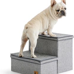 BEDELITE 2 Tiers Foldable Pet Stair w/ Storage for Large Dogs (Grey)  17” x 20” x 13” 