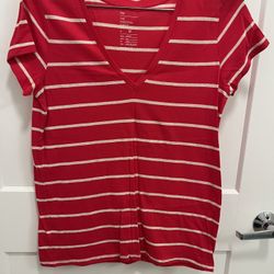 Gap Ladies The Essential V-neck Short Sleeve Shirt - New - Red/white - Size Medium 