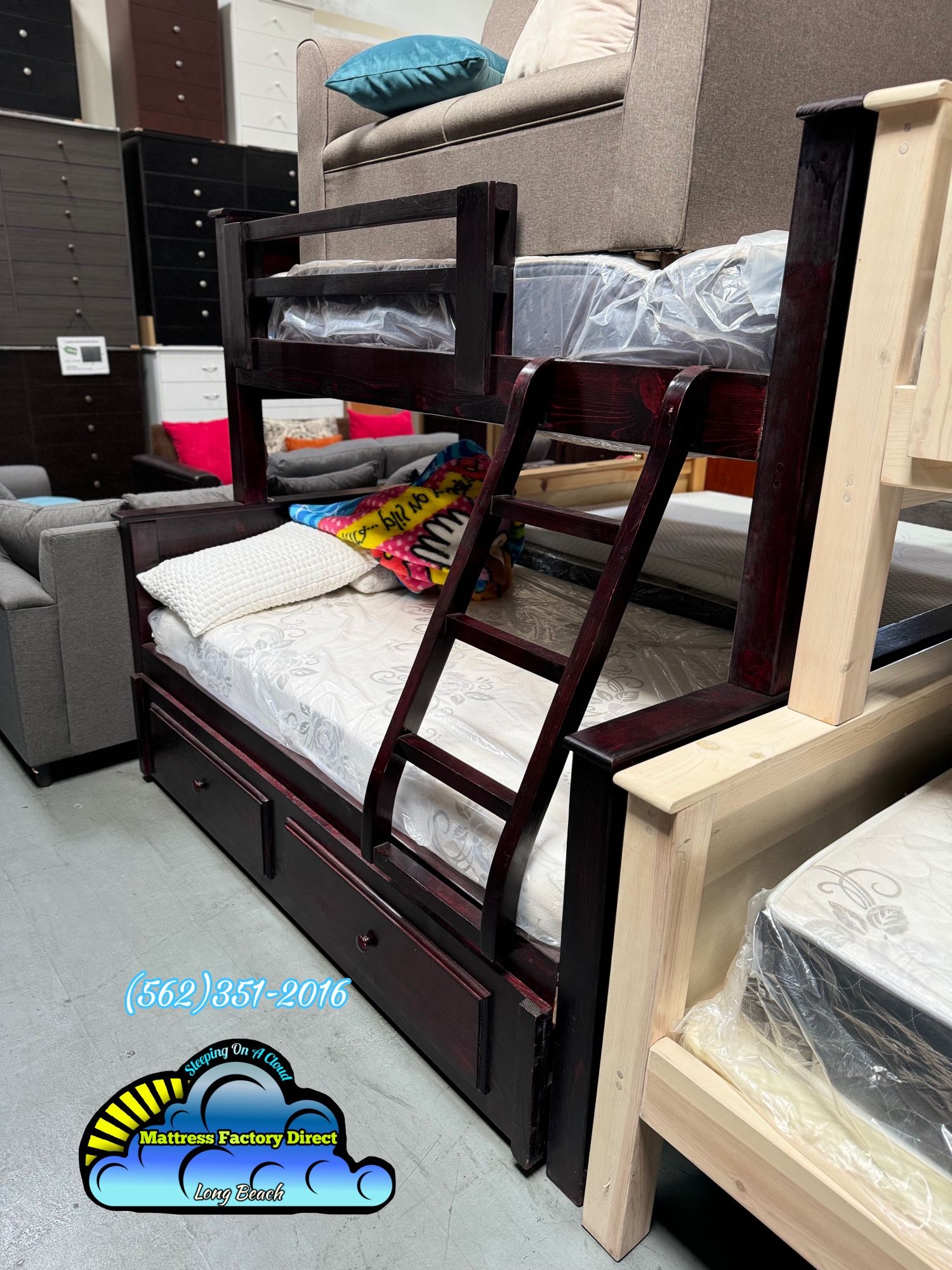 Twin / Full / Full Complete Bunk Bed Dark Cherry Mattresses Included 