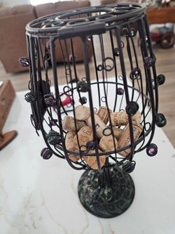 Decorative Metal Wine Cork Holder Goblet Basket with Hinged Lid – 13" Tall