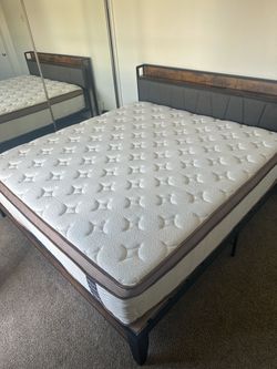 King Bed Frame and Mattress with Upholstered Headboard