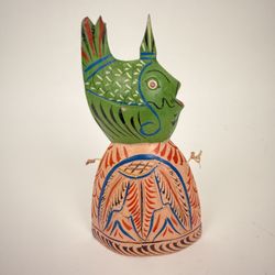 Colorful Wooden Bell Hand-Carved Fish-Shaped Rustic Folk Art