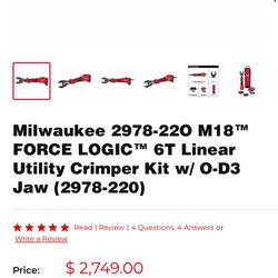 Millwakee M-18 Force Logic 6t Crimped 2749.00 Never Used 