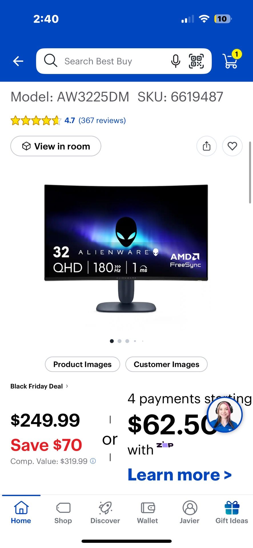 Alienware - AW3225DM 32" VA LED Curved QHD 180Hz 1ms FreeSync Gaming Monitor with HDR (HDMI, Display