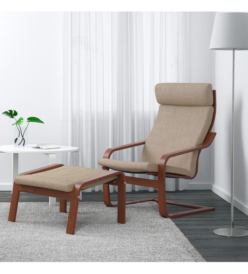 IKEA Poäng Armchair, Wood, Medium Brown, Hillared Beige