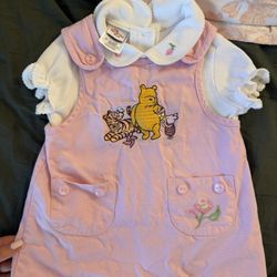 vintage pink Disney Winnie the Pooh overall dress for toddler girls, size 2T.  