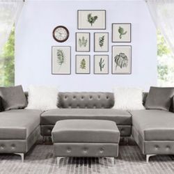 Brand Glam Velvet U Shape Sectional Double Chaise Tufted Grey Gray Free Pillows And Ottoman