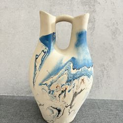 Signed Swirl Art Pottery Vase - Blue & Brown