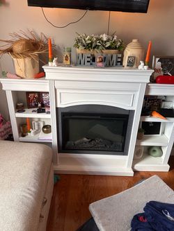 White Electric Fireplace with Side Shelves