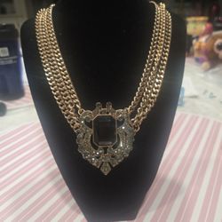 New Beautiful Necklace With Large Crystals and Large Black Stone. Triple Layer Gold Color Chains 