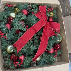 Christmas Wreath with Red Bow & Ornaments – Holiday Decor