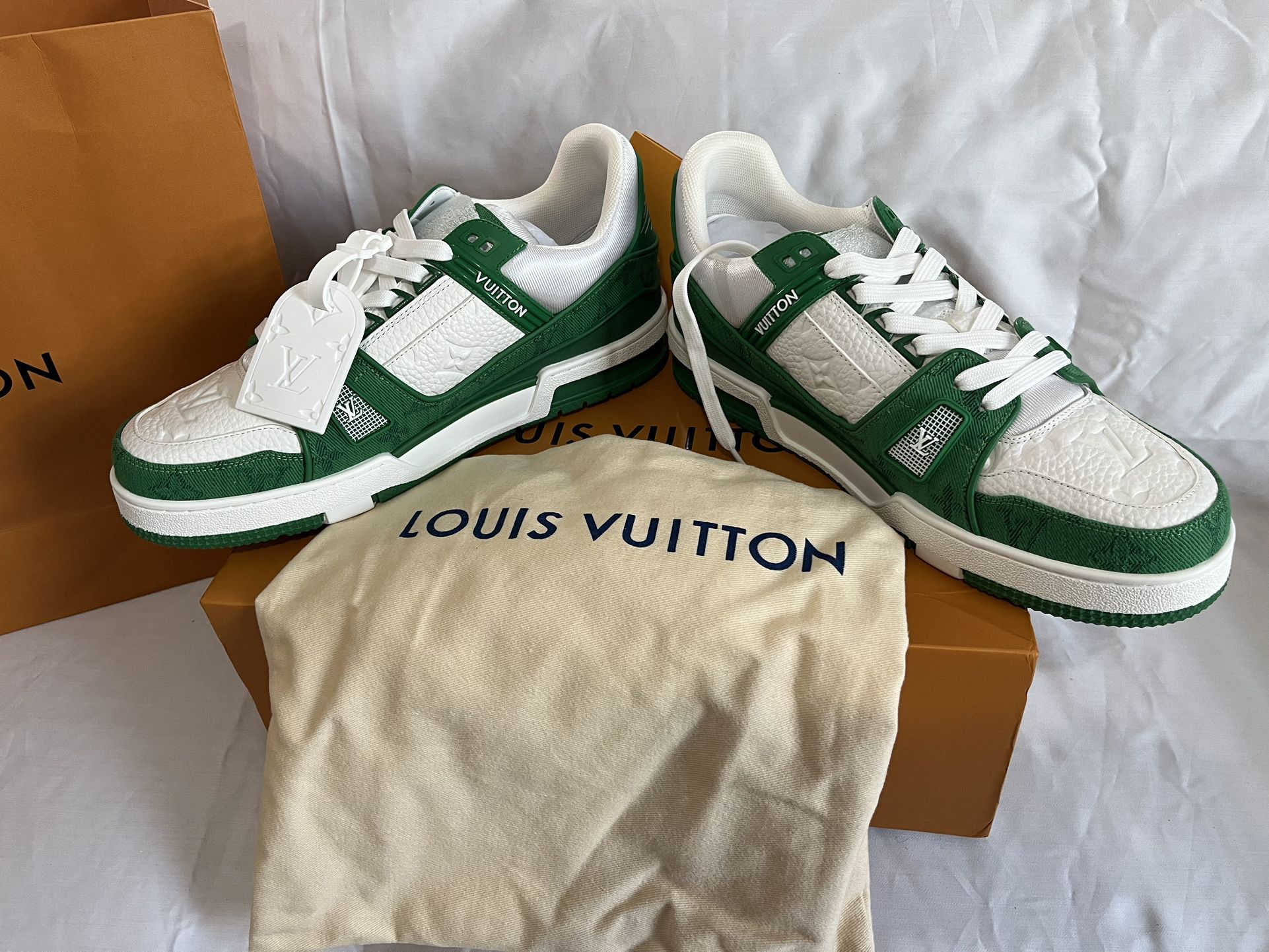 Giày Louis Vuitton LV Trainer White Green Monogram Denim