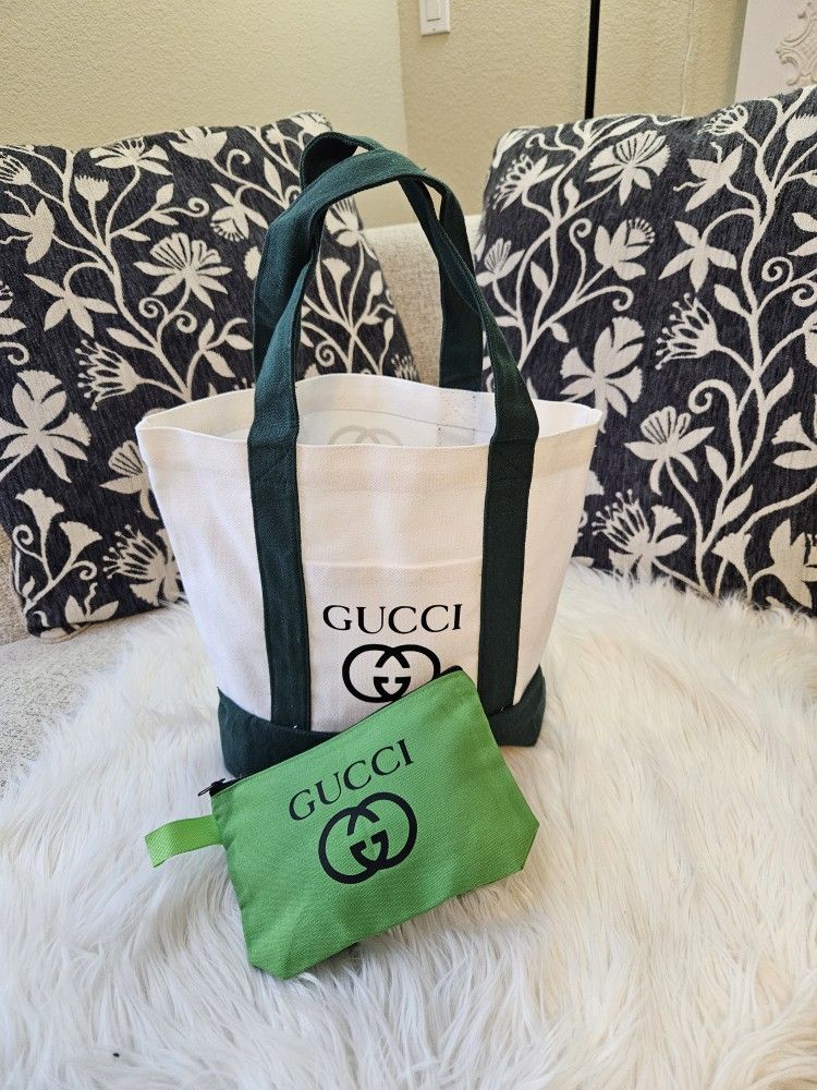 Charming White And Green Totebag + Pouch (2 Pieces)