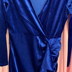 Royal Blue Velvet Short Dress With Sexy Ruffle Size XL 