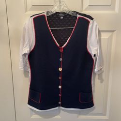 Elaris  Ladies small-Unique sweater like blouse-Navy/White/red - Cardigan- Shirt