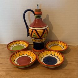 Retired Set of 4 Pier 1 Del Sol Dipping Bowls And 9” Cruet Hand Painted Earthenware A31