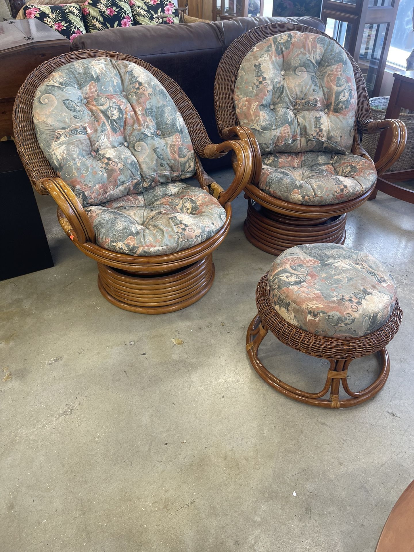Set Of 2 High End West Palm Rattin Bamboo Rocking Chairs With One Ottoman