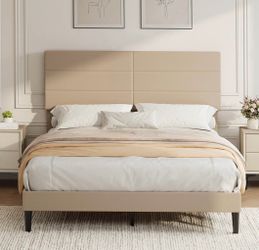 Garvee Queen Size Bed Frame with Adjustable Headboard,Linen Fabric Upholstered Platform Bed,Mattress Foundation with Strong Wood Slats Support,No Box 