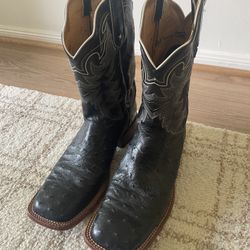 Tony Lama Full-Quill Ostrich Boots - Black, Wide Square Toe Size 10D