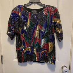 Joseph Le Bon Vintage Silk Sequin Bead Art Drag Blouse Top Paris Silk size medium must pick up