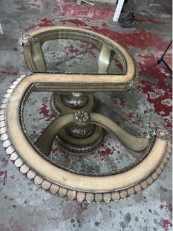 Large Ornate Solid Wood "S" Shape Coffee Table with Glass Top