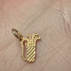 14K Solid Yellow Gold Golf Bag & Clubs Textured Mini Charm Pendant Small