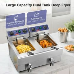 Deep Fryer with Basket and Lid, 23.3Qt/22L Electric Deep Fryer with Oil Filtration, Time & Temp Control, 3000W