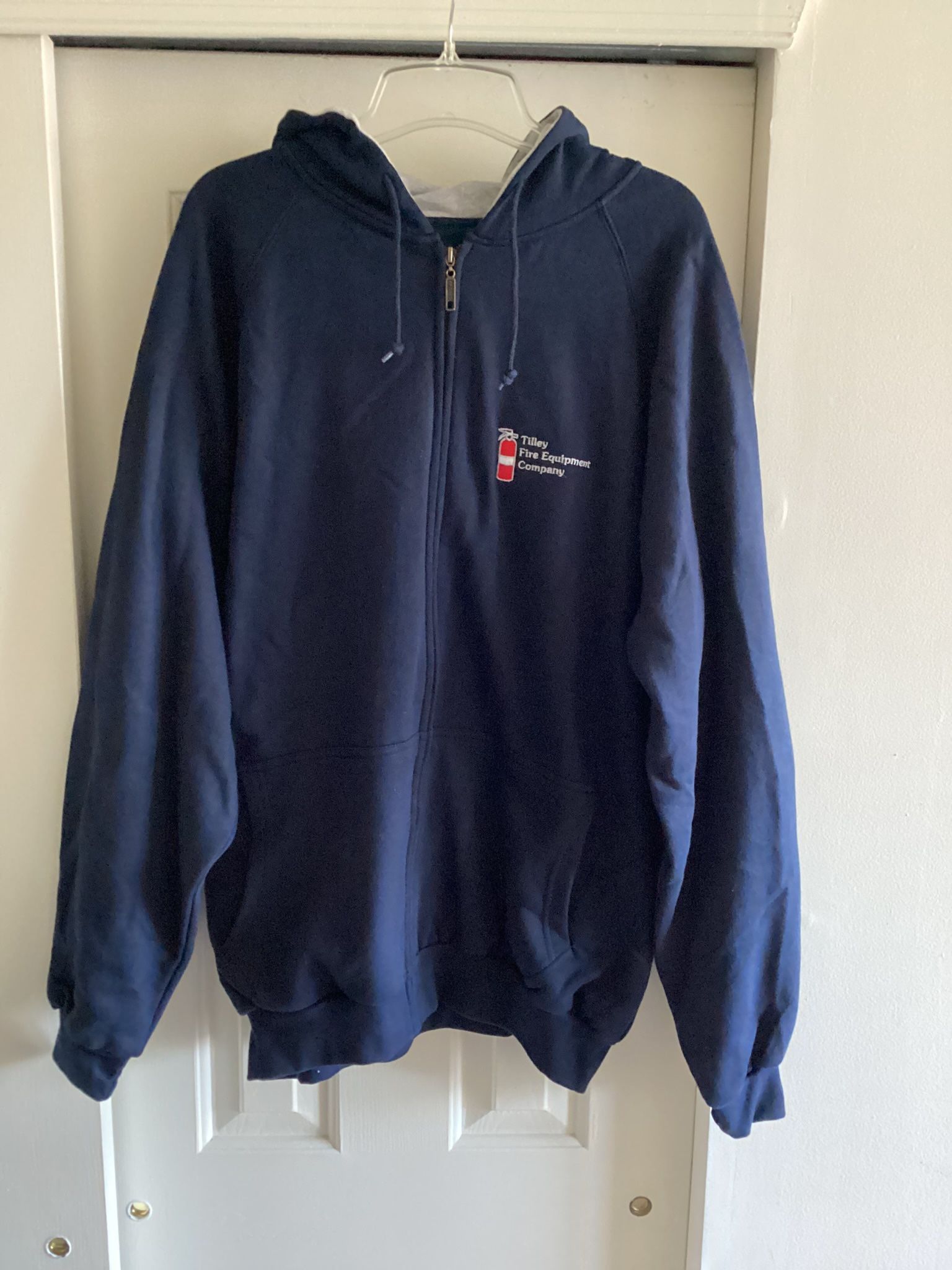 Ultra Club Men’s Fleece Lined Hooded Jacket, XL, blue, new, 32” length, zippered front, company logo.
