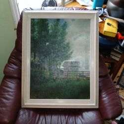 Antique Oil Painting Trees And Shack Sky Clouds Pastoral Outdoor Scene Quality Hand Painted Antique Oil Painting No visible Signature