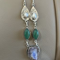 Sterling Silver Necklace with Solar Agate Pearl And Green Onyx 
