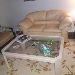 Leather Loveseat and Coffee Table + 2 Counter Stools