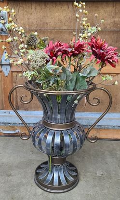Beautiful Large Urn Metal Vase with Scroll Handles with Artificial Flowers