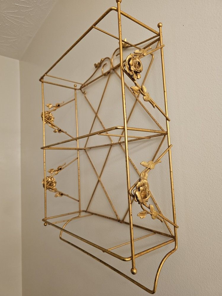 $25.00 - Antique Gold Wall Cabinet, Embossed Rose Accents/Antique Gold Color! Missing Glass Shelves! Lowest Price!