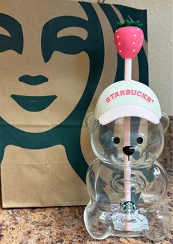 Starbucks Bear Glass Cup with Strawberry Straw